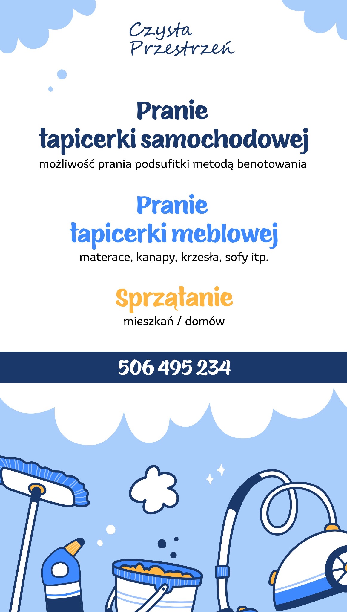 Grafika reklamowa usług prania tapicerki samochodowej i meblowej oraz sprzątania mieszkań, z numerem telefonu i rysunkami akcesoriów czyszczących.