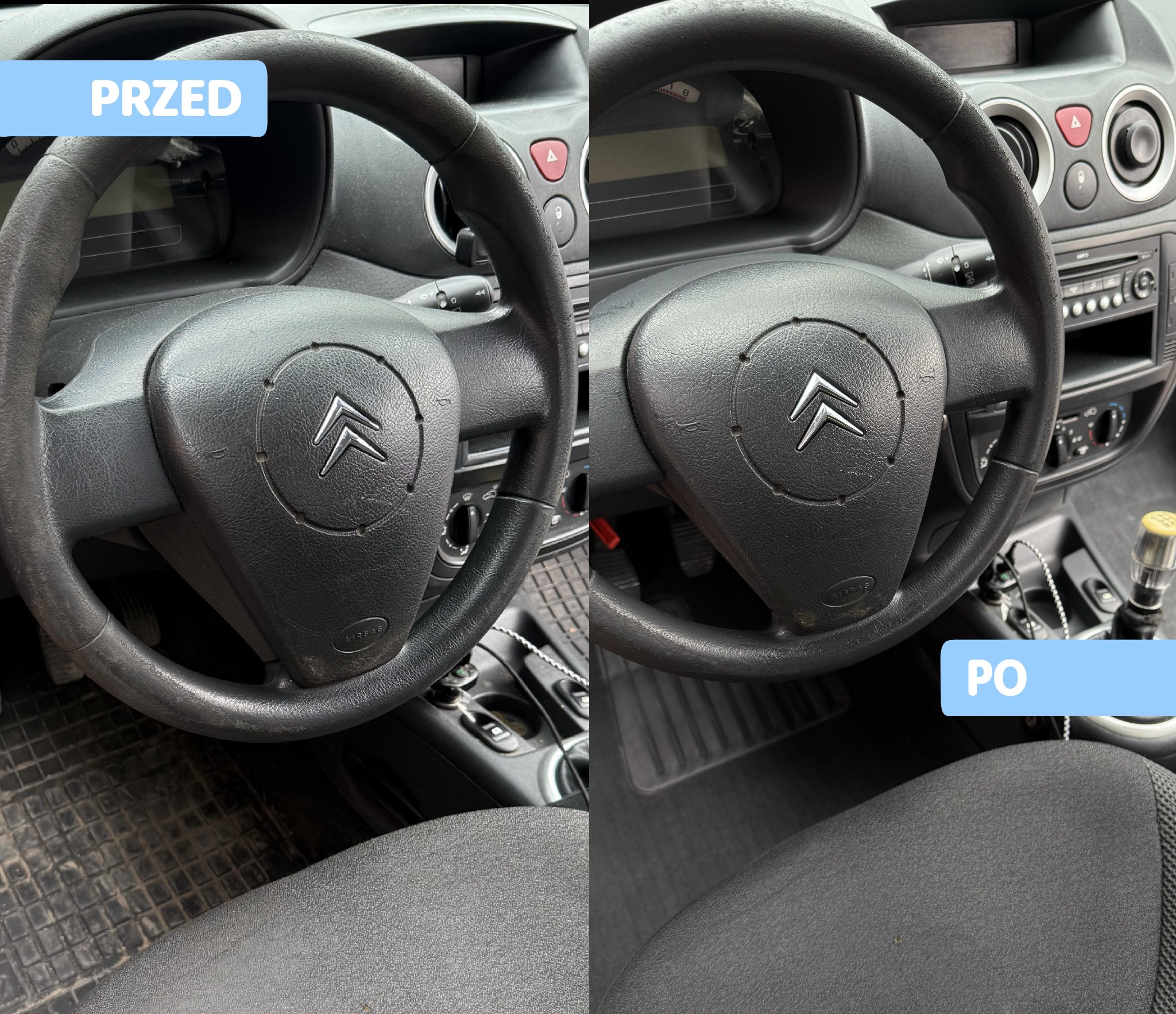 Auto detailing: porównanie stanu kierownicy i wnętrza Citroena przed i po czyszczeniu. Widoczne efekty prania tapicerki i czyszczenia plastików.