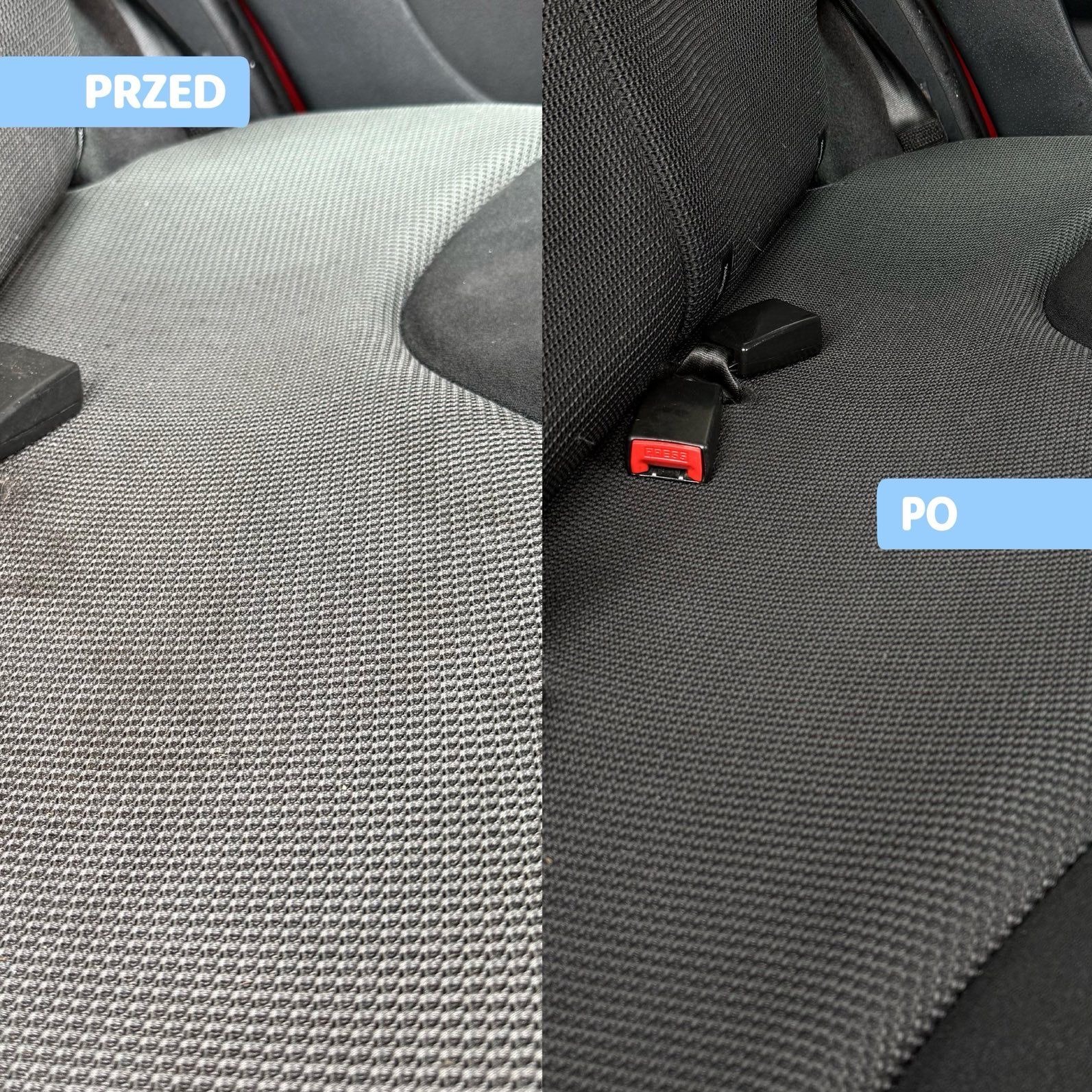 Tapicerka samochodowa w ujęciu przed i po czyszczeniu. Lewa strona szara, zabrudzona; prawa - czarna, czysta. Widoczne zapięcie pasa bezpieczeństwa.