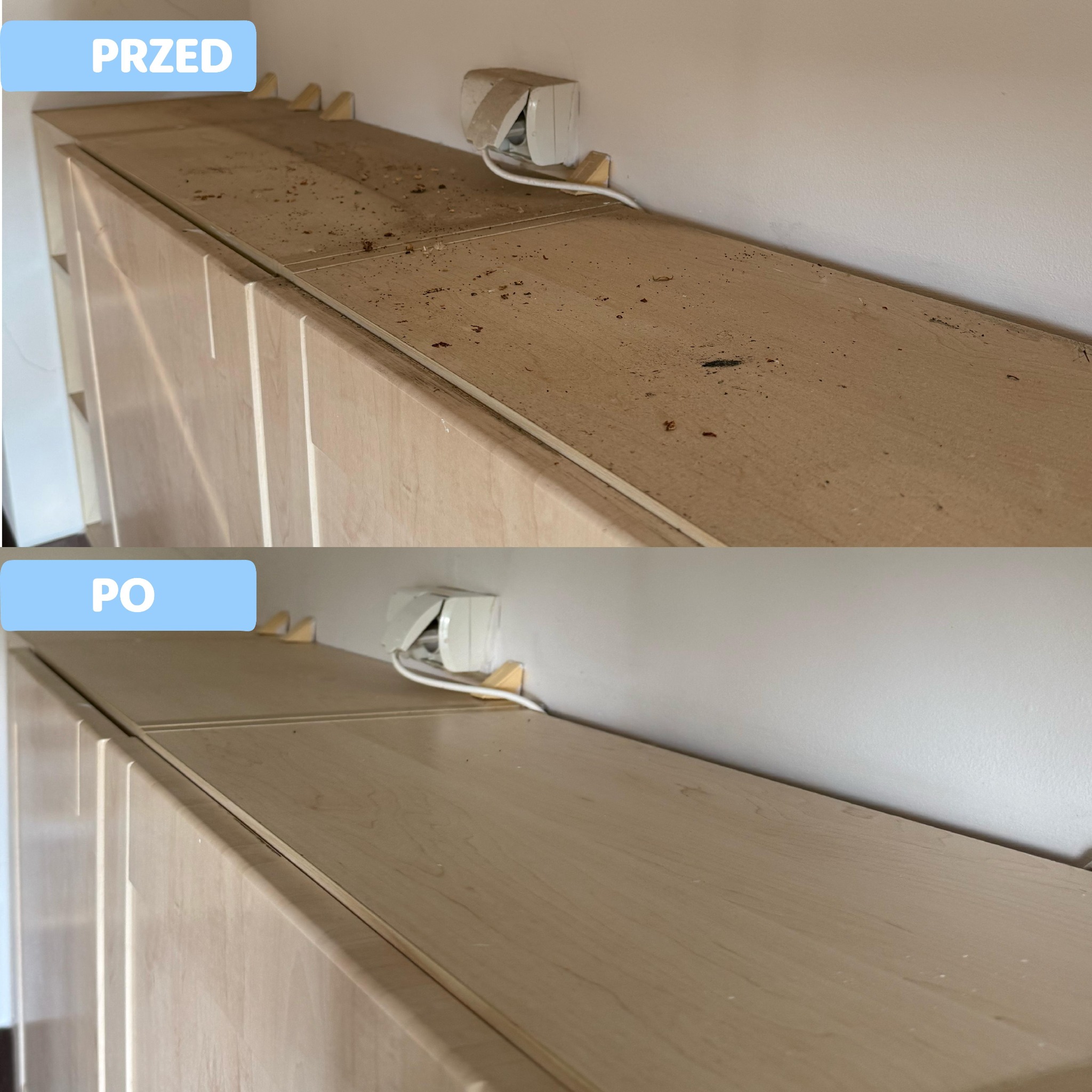 Zdjęcie 'przed i po' prezentuje blat szafki: zakurzony i zabrudzony przed sprzątaniem, a czysty i odkurzony po wykonanej usłudze sprzątania. Widoczny fragment ściany i gniazdko.