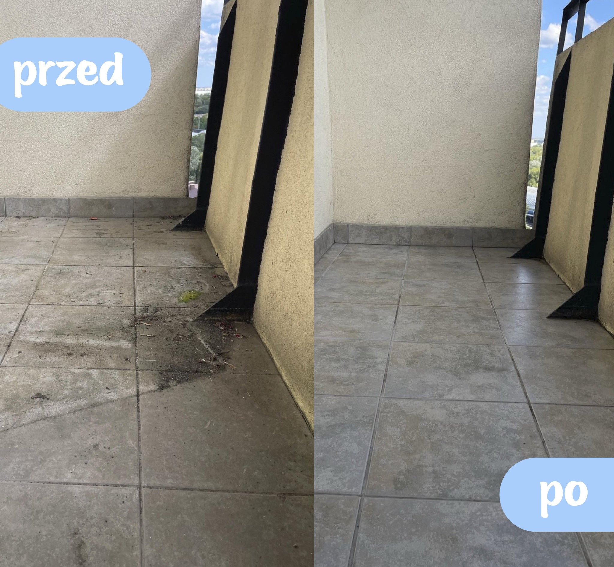 Zdjęcie balkonu podzielone na pół: po lewej brudna podłoga (przed), po prawej czysta podłoga (po). Widoczne płytki i fragment balustrady.
