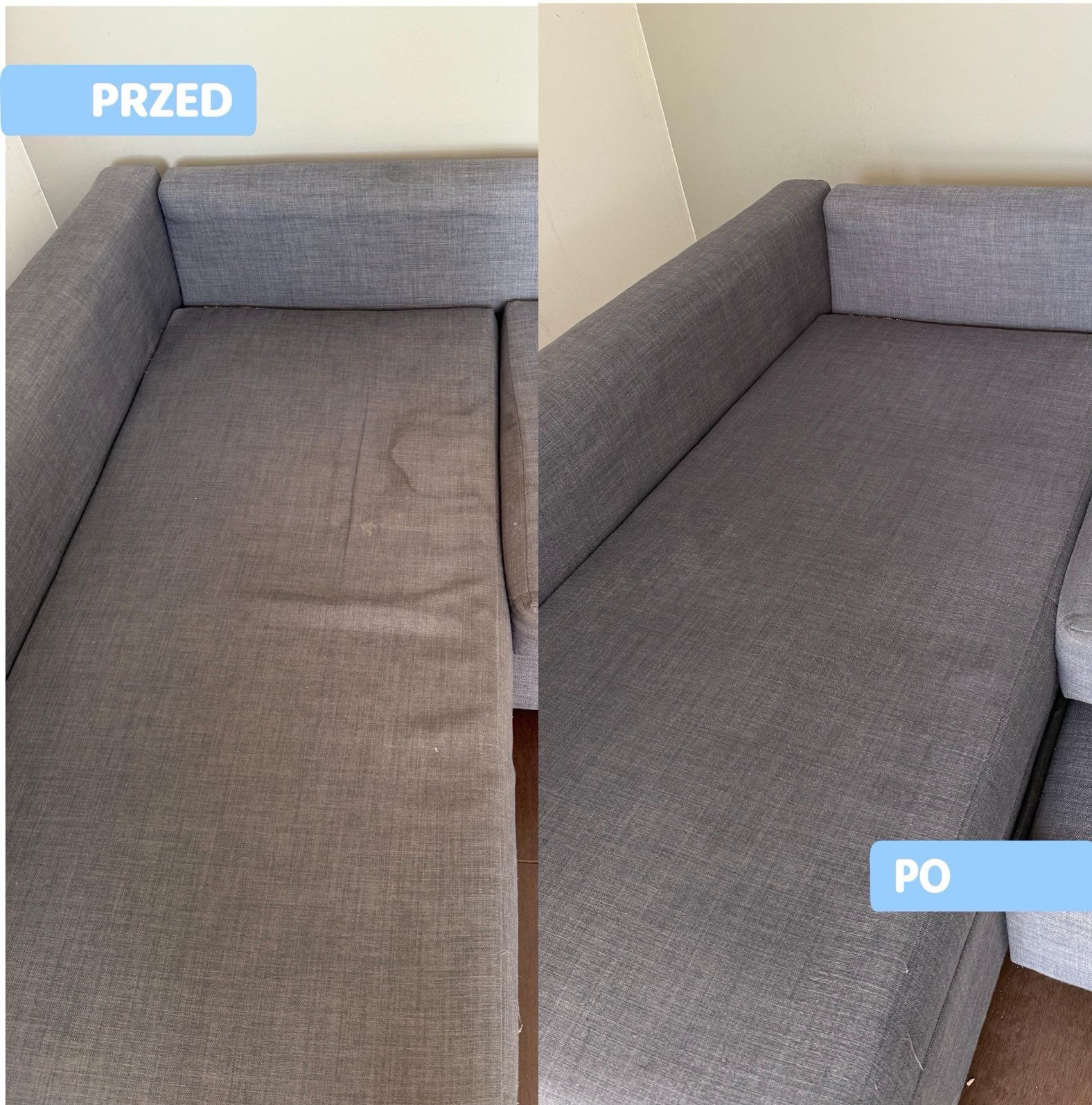 Szara kanapa narożna: po lewej widoczne plamy ('Przed'), po prawej czysta ('Po'). Efekt prania tapicerki, ukazujący różnicę w wyglądzie przed i po usłudze.