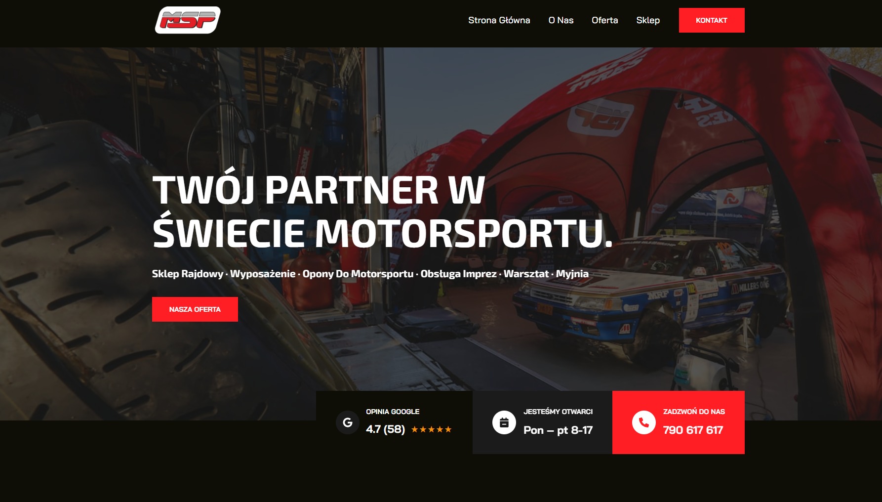 Strona internetowa firmy MSP z hasłem 'Twój partner w świecie motorsportu', prezentująca ofertę sklepu rajdowego i obsługę imprez motorsportowych. Auto rajdowe w tle.
