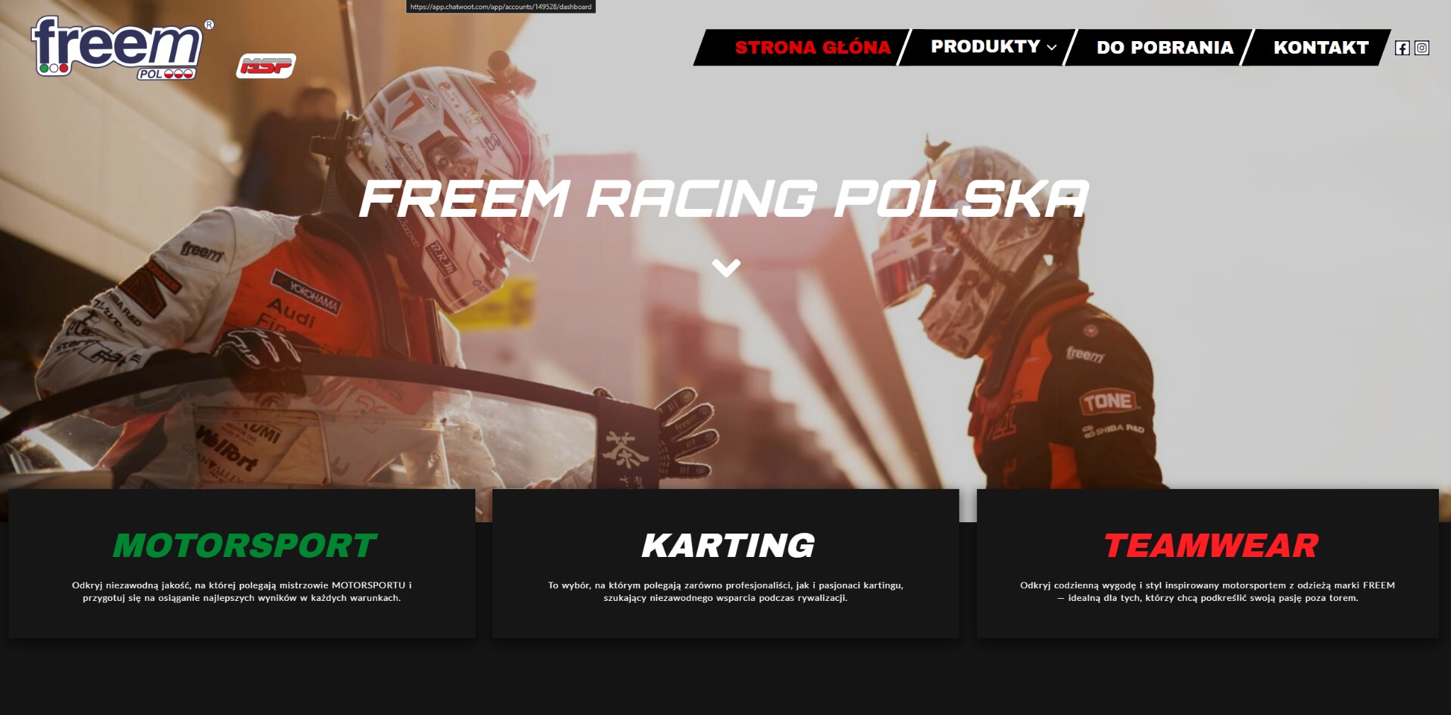 Strona internetowa FREEM Racing Polska z motywem motorsportu, kartingu i odzieży. Widoczne zdjęcia kierowców w kaskach i kombinezonach oraz sekcje tematyczne.