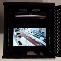 System monitoringu Hikvision w szafie rack: rejestrator, wentylatory i monitor z podglądem z kamery na ulicy w zimowy dzień.