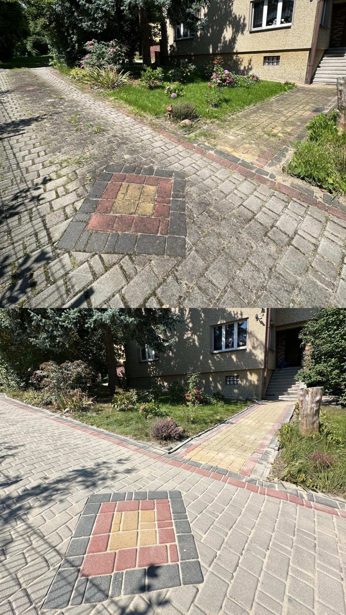 Kostka brukowa przed i po czyszczeniu, widoczne różnice w kolorze i usunięcie zabrudzeń, dom z ogrodem w tle. Ujęcie z góry prezentuje efekt mycia ciśnieniowego.