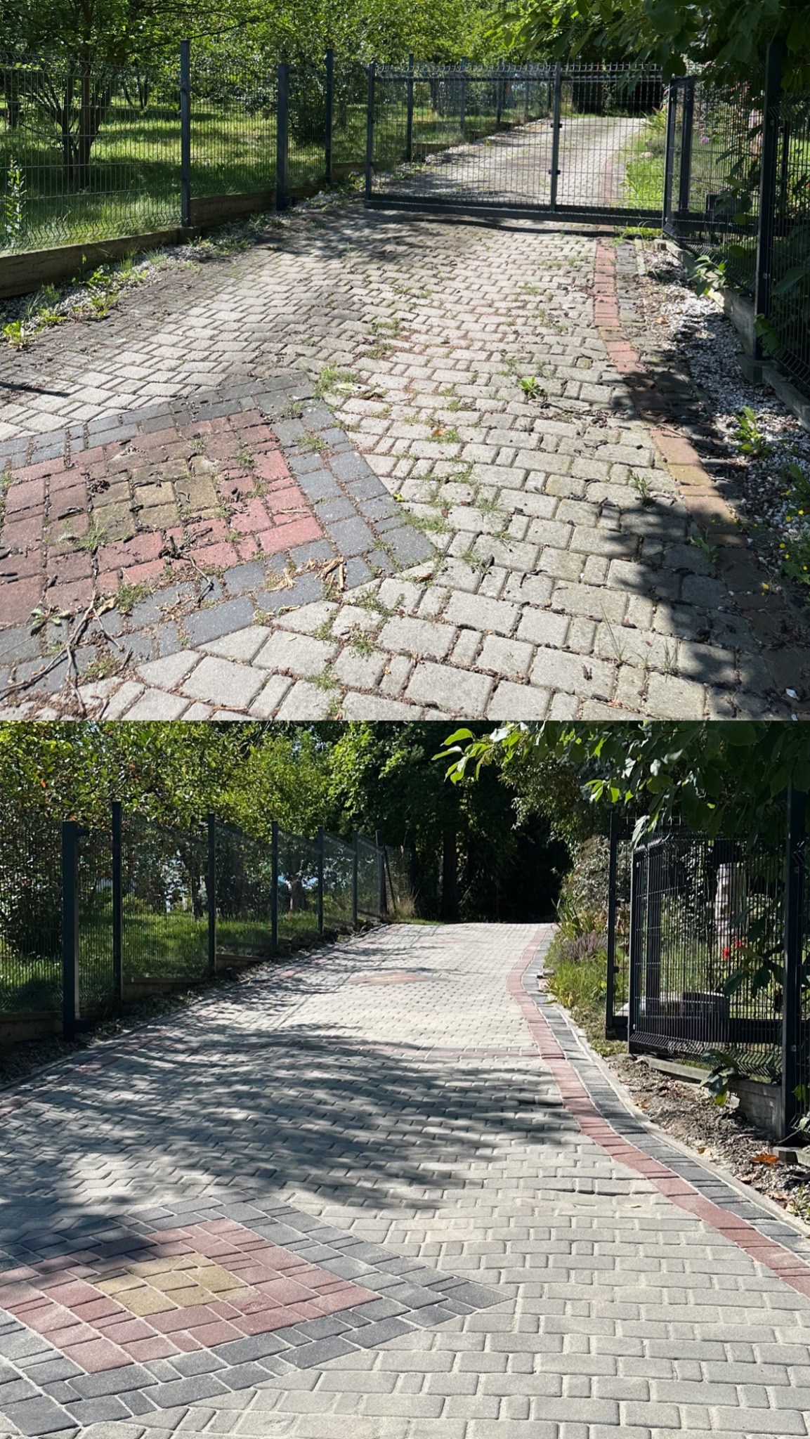 Kostka brukowa przed i po czyszczeniu, z widoczną różnicą w zabrudzeniach i odcieniu. Fragment bramy w tle.