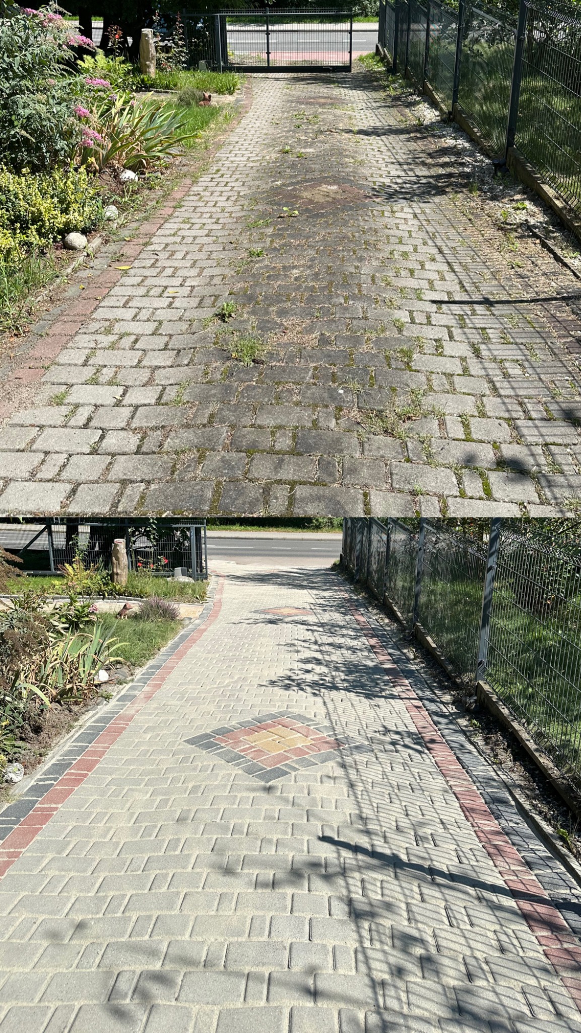 Kostka brukowa przed i po czyszczeniu. Górna część, porośnięta mchem i brudna, kontrastuje z dolną, czystą, z wzorem z kolorowych kostek i cieniem drzewa.