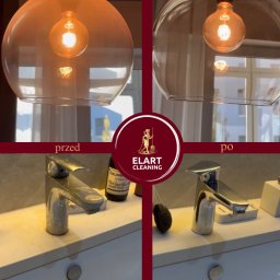 Yelyzaveta Mihur Elart cleaning - Zestawienie 'przed i po' prezentuje umywalkę z baterią: po lewej stronie widoczny osad, po prawej lśniąca czystość. W tle lampa wisząca i logo firmy sprzątającej.