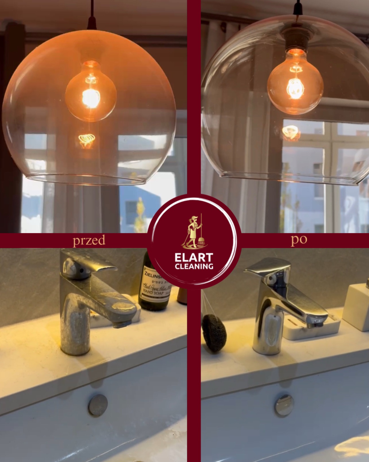 Zestawienie 'przed i po' prezentuje umywalkę z baterią: po lewej stronie widoczny osad, po prawej lśniąca czystość. W tle lampa wisząca i logo firmy sprzątającej.
