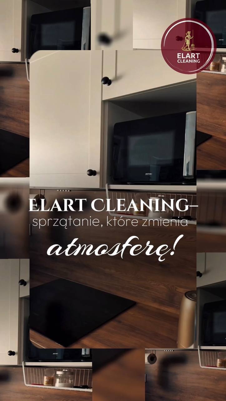 Czysta kuchnia z drewnianym blatem i sprzętami AGD, po sprzątaniu przez Elart Cleaning. Widoczny fragment logo firmy w prawym górnym rogu.