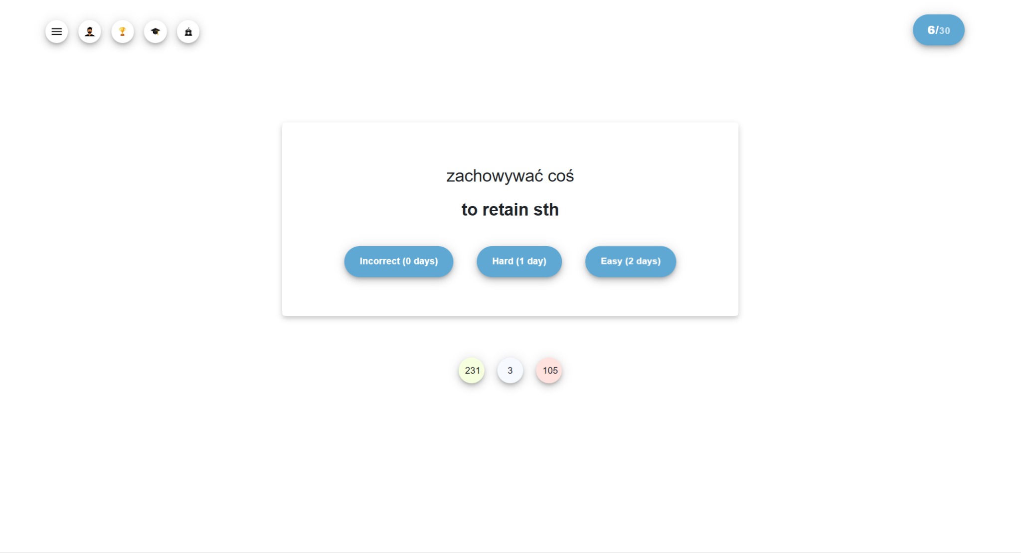 Ekran aplikacji do nauki słówek z tłumaczeniem 'zachowywać coś / to retain sth' i opcjami wyboru poziomu trudności. Nauka angielskiego w Warszawie.