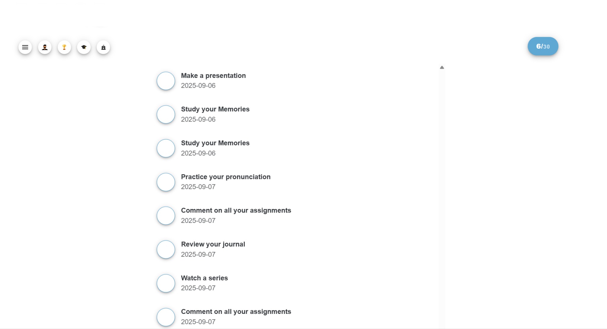 Ekran z listą zadań do nauki angielskiego: prezentacja, nauka słówek, wymowa, komentarze do zadań, przegląd dziennika, oglądanie seriali. Data przy zadaniach: 2025-09-06/07.