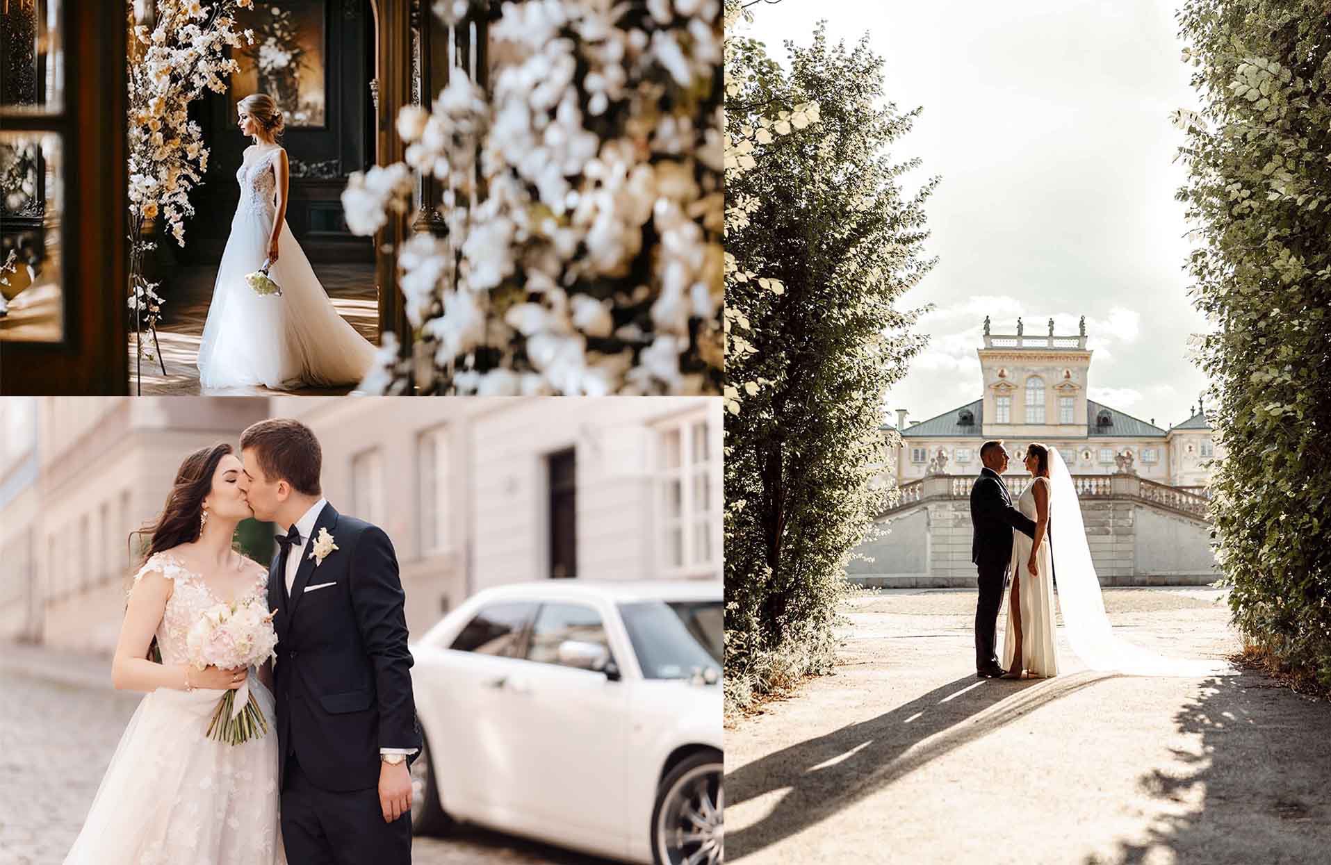 Kolaż ze ślubu: panna młoda w kwiatowej dekoracji, całująca się para przy limuzynie, para na tle pałacu w Wilanowie. Romantyczne ujęcia.