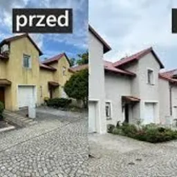 Segment domu przed i po renowacji elewacji. Po prawej stronie odnowiony budynek w jasnych barwach, po lewej budynek z żółtą elewacją. Porównanie efektu.