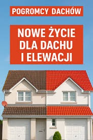 Dom z dachem i elewacją podzielone na część przed i po renowacji, z czerwonym dachem po prawej. Reklama 'Nowe życie dla dachu i elewacji'.