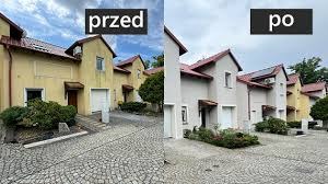 Segment domu przed i po renowacji elewacji. Po prawej stronie odnowiony budynek w jasnych barwach, po lewej budynek z żółtą elewacją. Porównanie efektu.