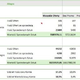 Zowi Wiktor Widła - Analiza ofert Allegro: zestawienie danych sprzedaży konta, ilości ofert, sprzedanych sztuk i wartości sprzedaży. Widok tabelaryczny z podziałem na oferty z promocją i bez.