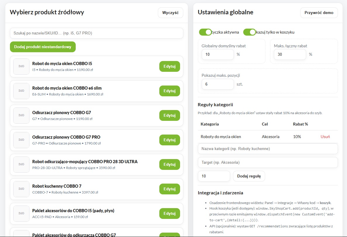 Panel administracyjny z listą produktów (roboty sprzątające, odkurzacze) i ustawieniami rabatów w e-commerce Sky-Shop, integrujący widżet koszyka z API.