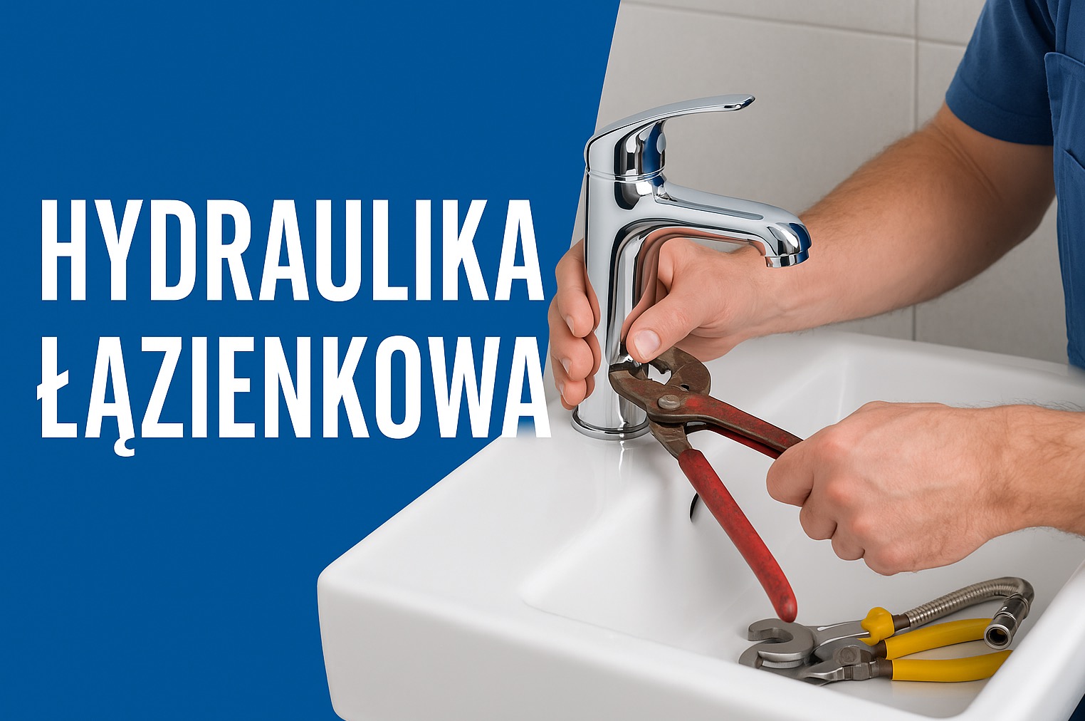 Hydraulik z kluczem nastawnym montuje chromowaną baterię umywalkową. W umywalce leżą dodatkowe narzędzia.