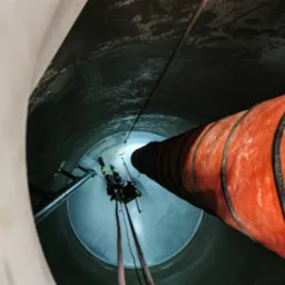 Pracownik w szelkach, z narzędziem, wewnątrz betonowego szybu z czerwoną rurą wentylacyjną, widok z dołu, oświetlenie punktowe.