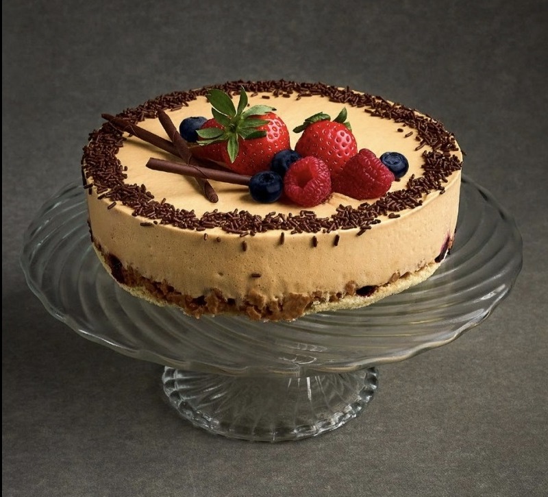 Kremowy tort kawowy z owocami: truskawki, maliny, borówki, dekorowany czekoladową posypką i ułożony na szklanym, ozdobnym stojaku. Stonowana kolorystyka tła.
