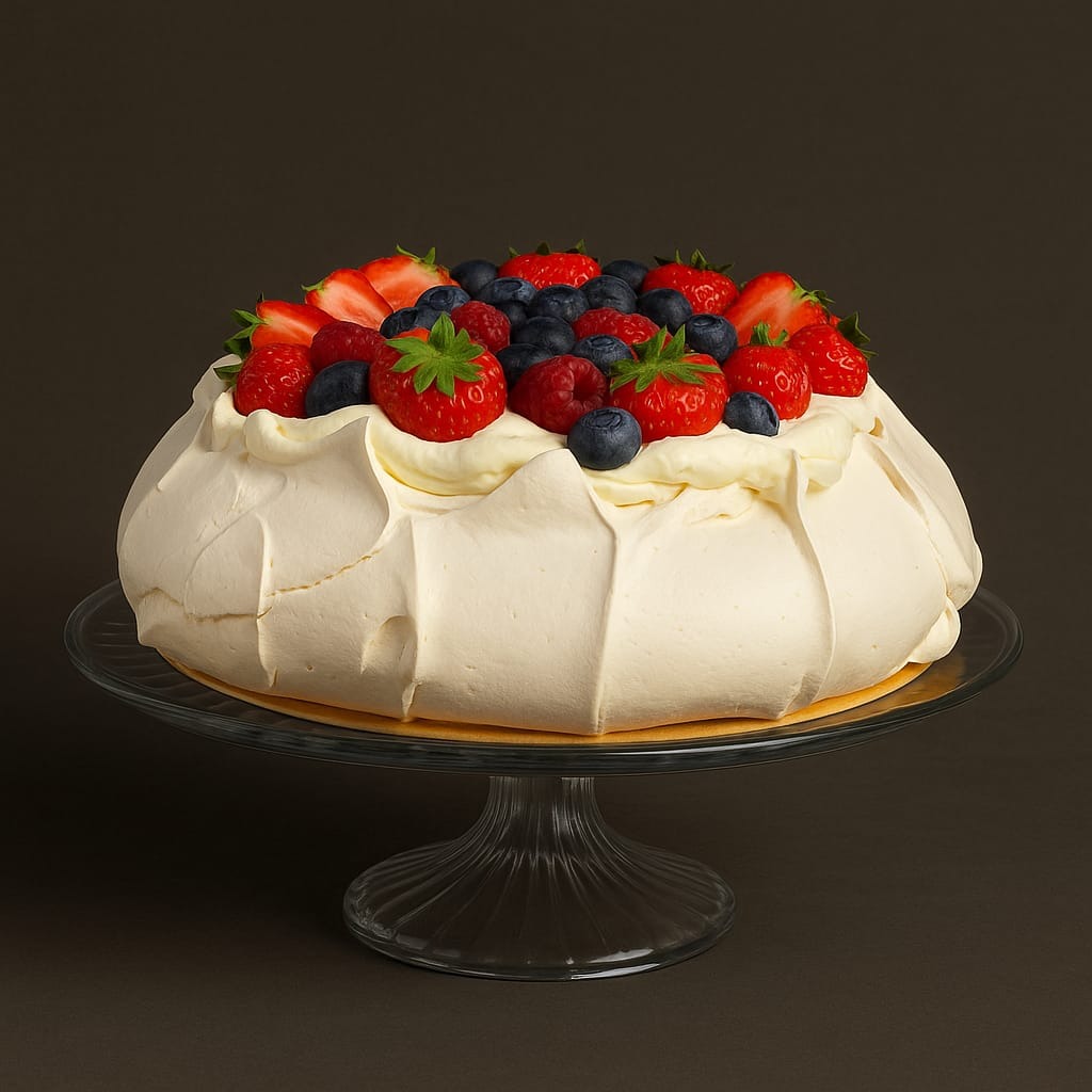 Elegancka Pavlova na szklanej paterze, udekorowana świeżymi truskawkami, malinami i borówkami na tle ciemnego tła. Idealna na wyjątkowe okazje.
