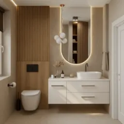 Nowoczesna łazienka z białą szafką pod umywalkę nablatową, drewnianymi panelami ściennymi i owalnym lustrem z podświetleniem LED. Minimalistyczny design.