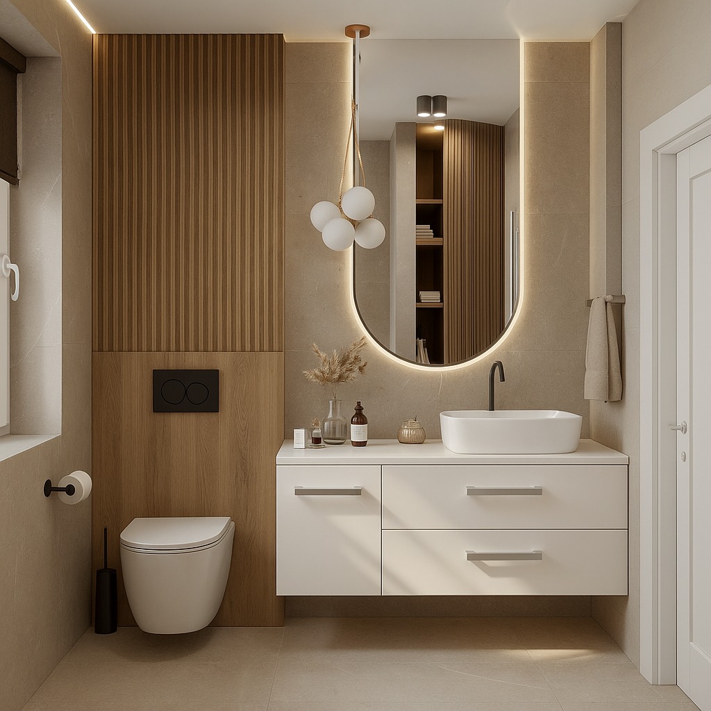 Nowoczesna łazienka z białą szafką pod umywalkę nablatową, drewnianymi panelami ściennymi i owalnym lustrem z podświetleniem LED. Minimalistyczny design.