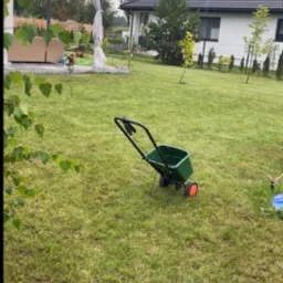 Zielony wózek do nawożenia trawnika na tle zadbanego ogrodu z domem. Widoczne drzewa, krzewy i pergola z meblami ogrodowymi. W tle biały dom z ciemnym dachem.