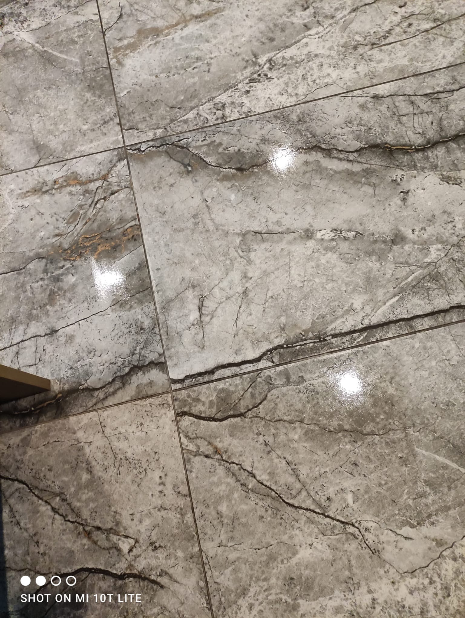 Szare płytki podłogowe imitujące marmur, ułożone równo z widocznymi fugami. Powierzchnia błyszcząca, odbijająca światło. Widok z góry, fragment podłogi.