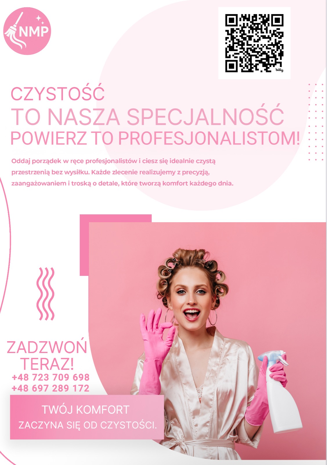 Reklama firmy sprzątającej: uśmiechnięta kobieta w rękawiczkach trzyma butelkę z rozpylaczem, obok hasło o czystości i numery kontaktowe.
