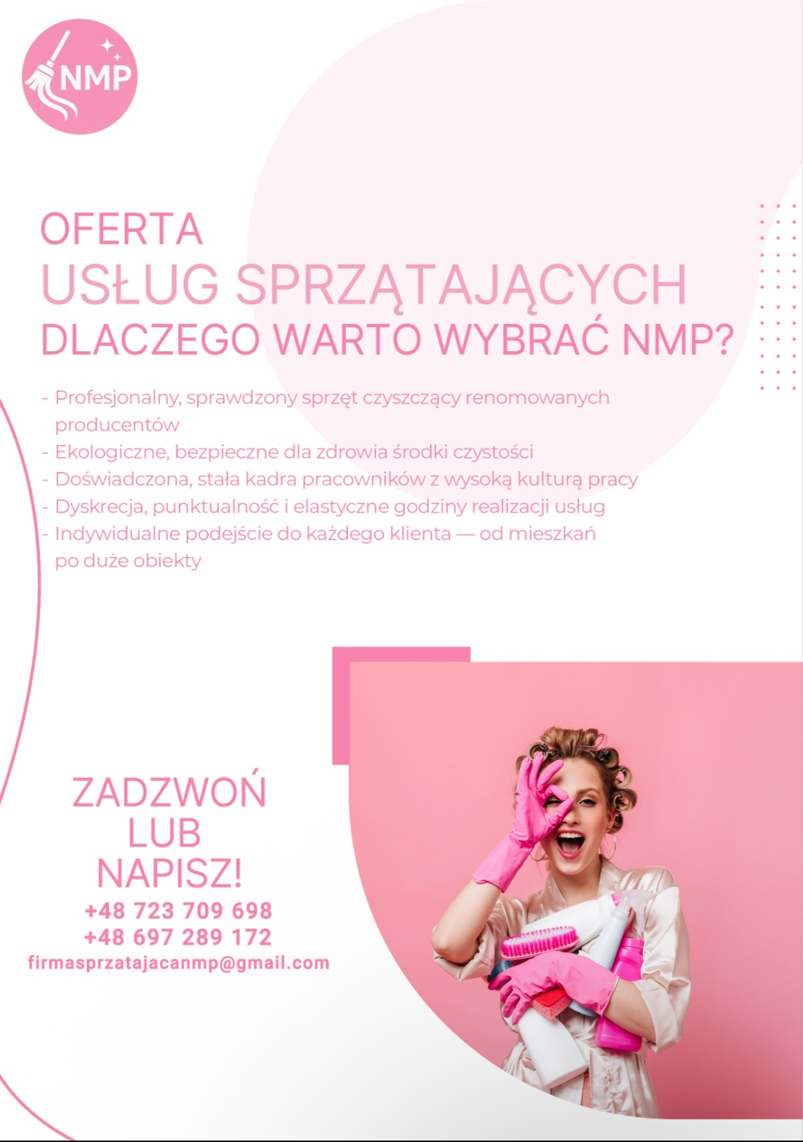 Oferta usług sprzątających NMP: uśmiechnięta kobieta w różowych rękawicach, trzymająca środki czystości, z tekstem o zaletach firmy i danymi kontaktowymi.