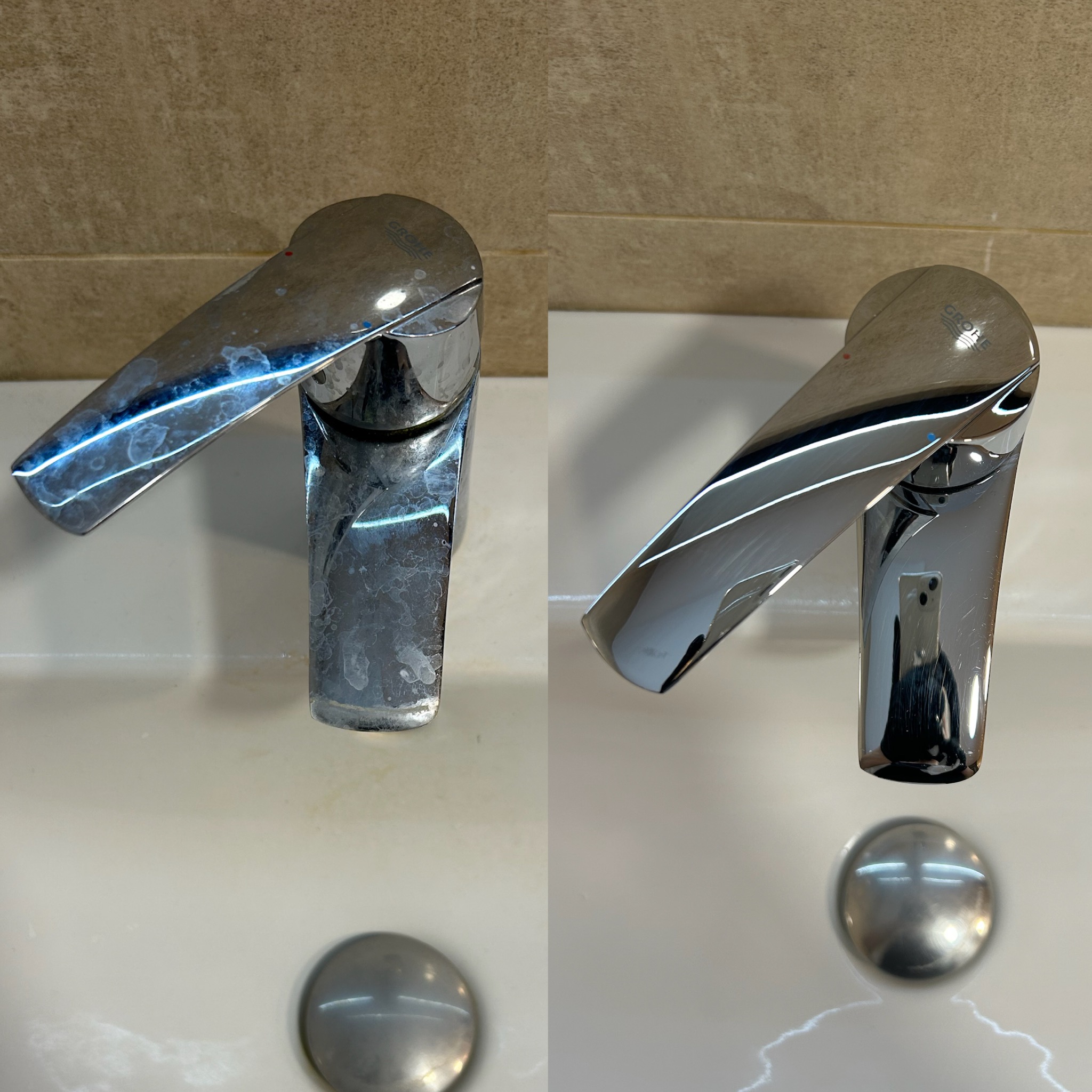 Kran w łazience przed i po czyszczeniu, widoczne osady i połysk po zabiegu. Porównanie efektu na białej umywalce i beżowym tle płytek.