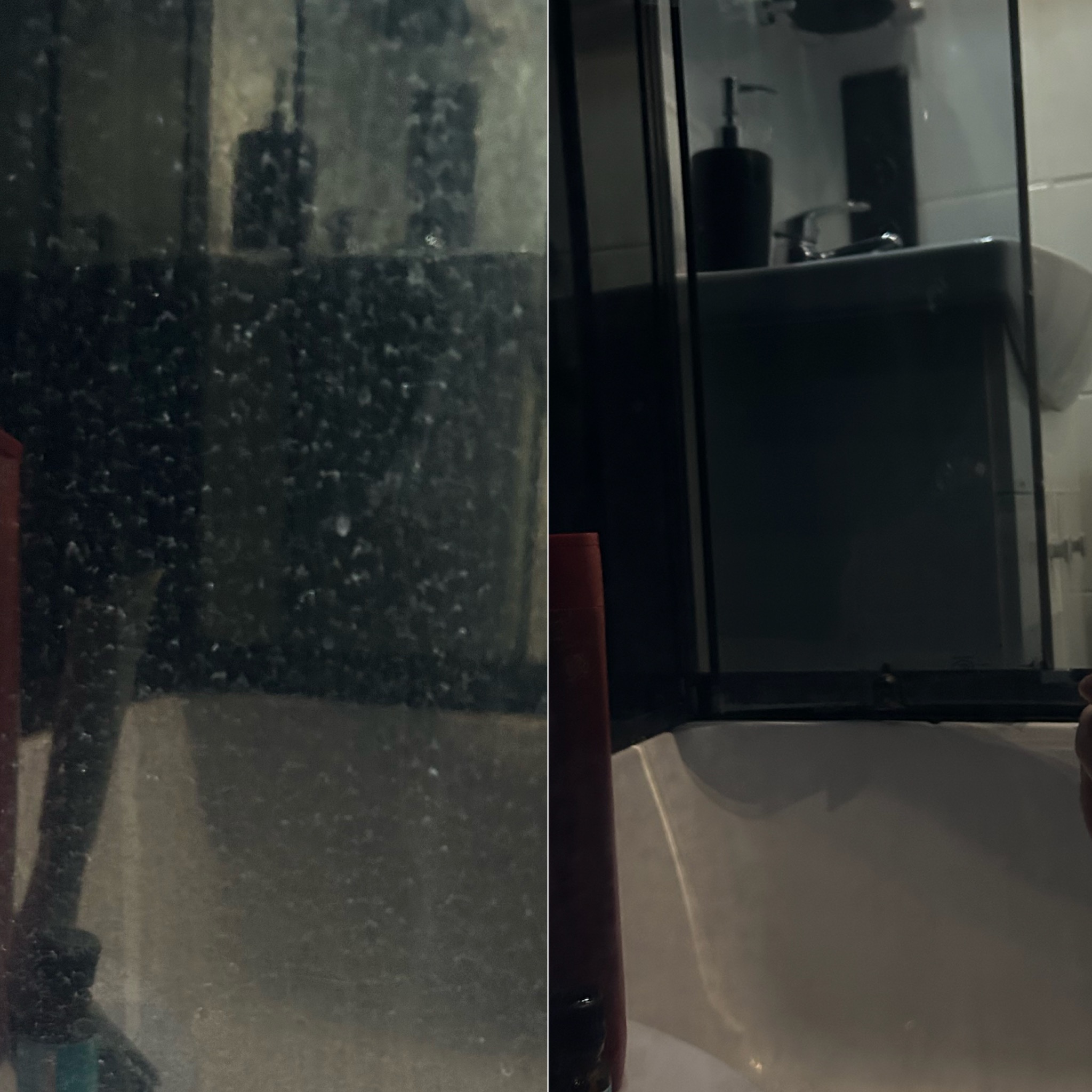 Zdjęcie typu 'przed i po' przedstawia szklaną kabinę prysznicową. Po lewej stronie szyba jest brudna, pokryta zaciekami, po prawej - czysta i lśniąca, z widoczną armaturą łazienkową.