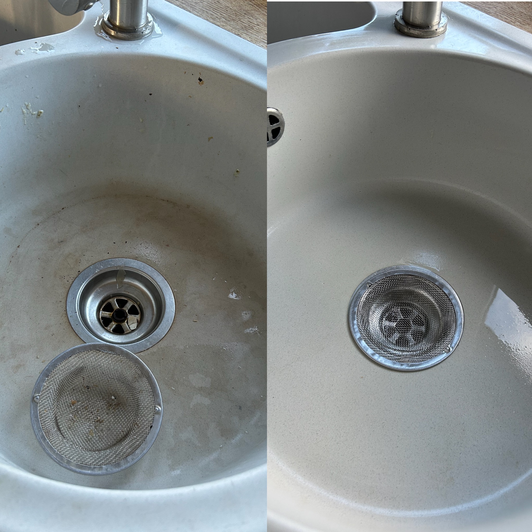 Zlewozmywak kuchenny przed i po czyszczeniu. Po lewej stronie widoczny brudny zlew z resztkami jedzenia, po prawej czysty, lśniący zlew z metalowym sitkiem.