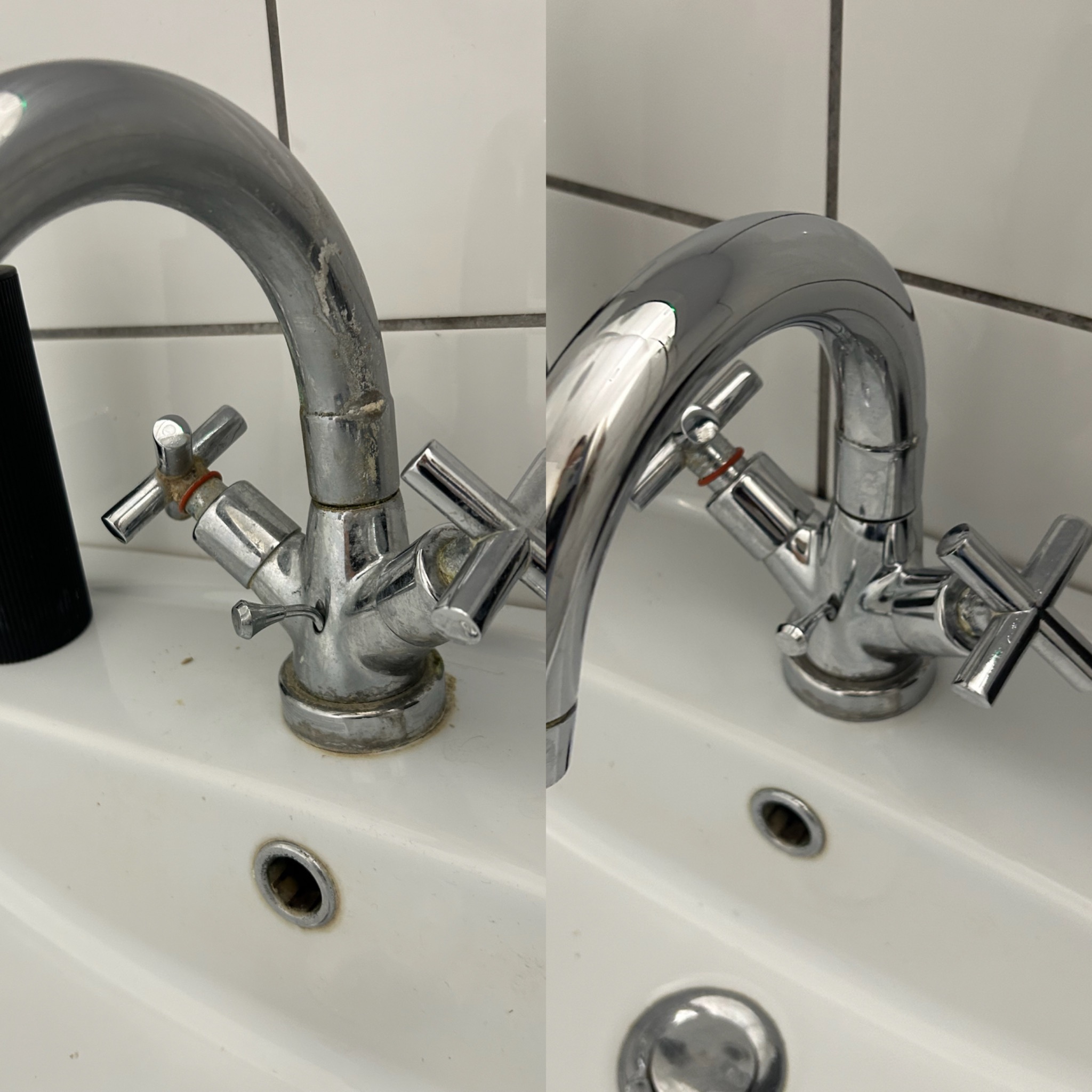 Kran w łazience przed i po czyszczeniu. Po lewej stronie widoczne osady i zabrudzenia, po prawej lśniący, czysty kran. Efekt sprzątania.