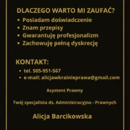Grafika z zaproszeniem do kontaktu z Alicją Barcikowską, specjalistą ds. administracyjno-prawnych. Kontakt przez telefon i e-mail, ikony social mediów.