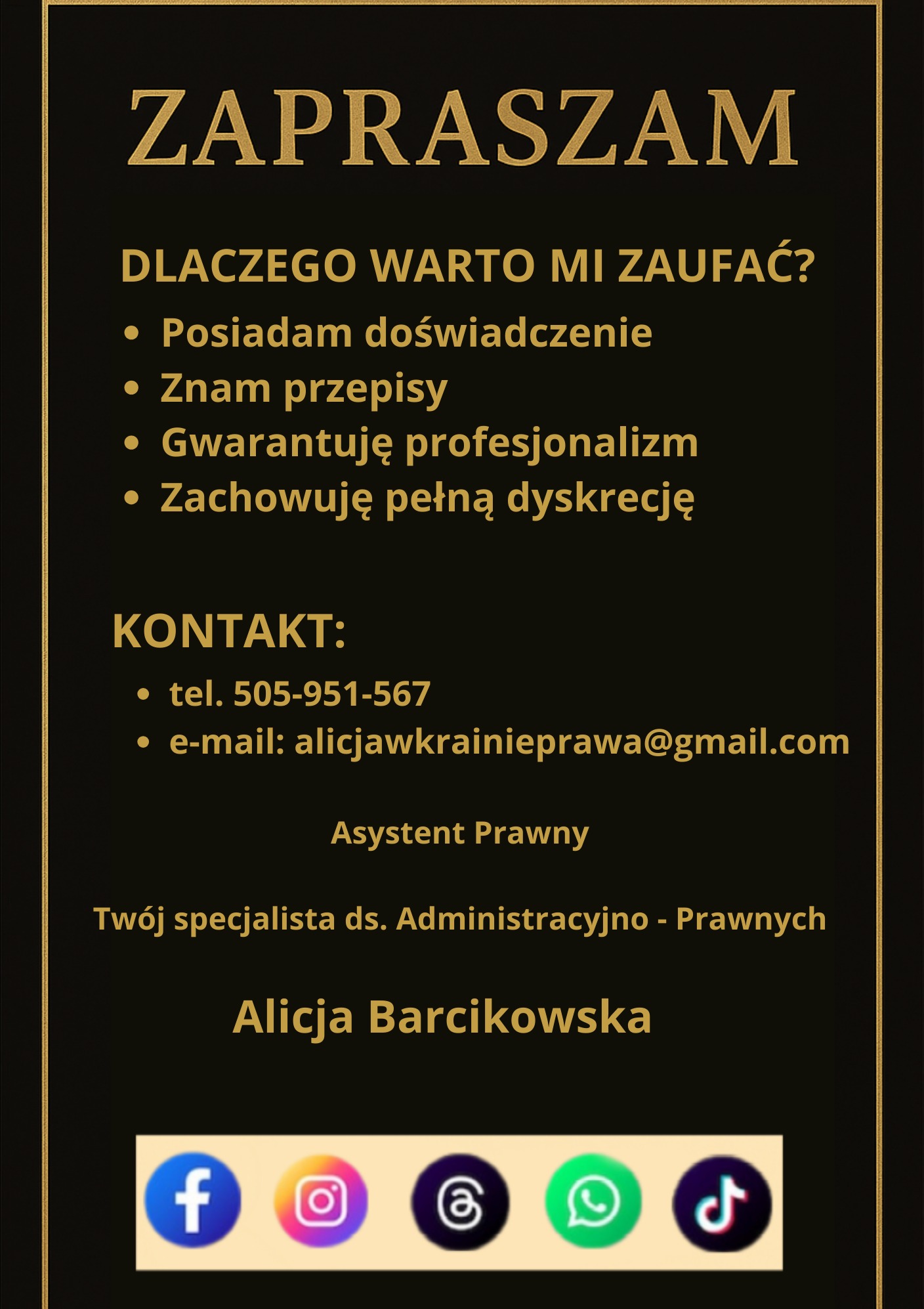 Grafika z zaproszeniem do kontaktu z Alicją Barcikowską, specjalistą ds. administracyjno-prawnych. Kontakt przez telefon i e-mail, ikony social mediów.