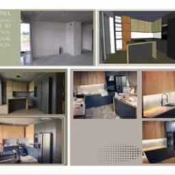 Kolaż przedstawia projekt kuchni: stan surowy, wizualizację 3D oraz etapy montażu ciemnych mebli z drewnianymi blatami, dużą lodówką i wyspą kuchenną.