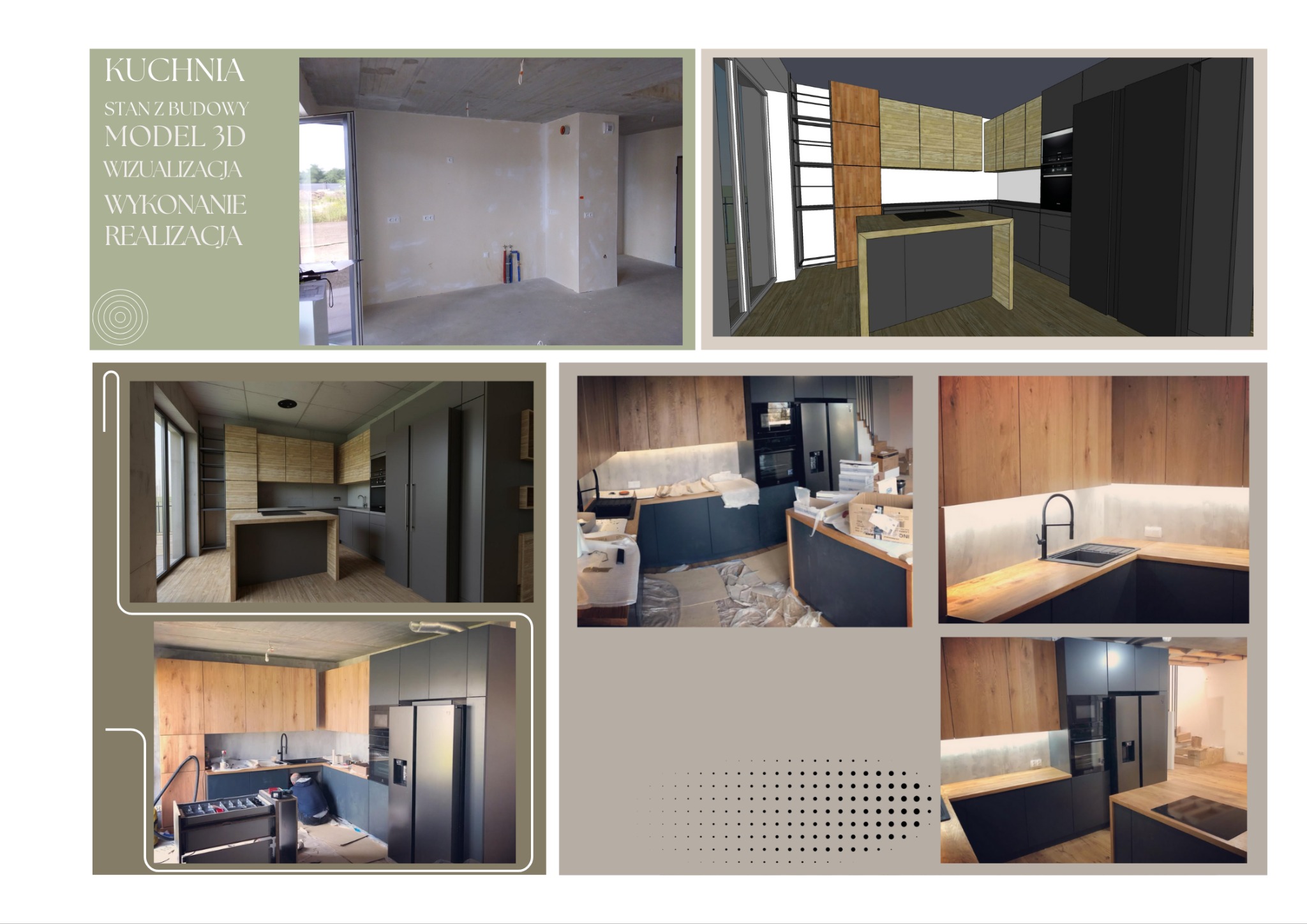 Kolaż przedstawia projekt kuchni: stan surowy, wizualizację 3D oraz etapy montażu ciemnych mebli z drewnianymi blatami, dużą lodówką i wyspą kuchenną.