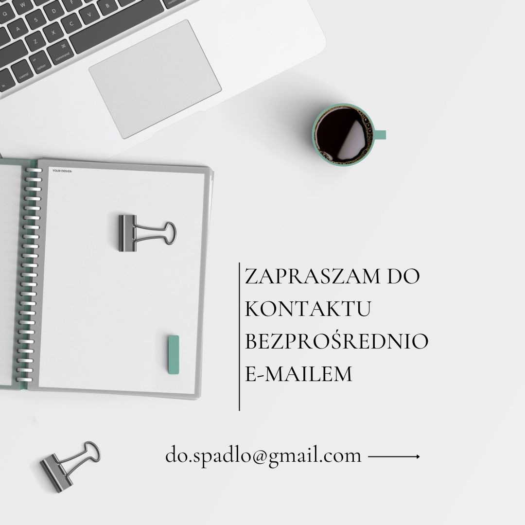 Minimalistyczne biurko z laptopem, notesem z napisem 'YOUR DESIGN', spinaczami i filiżanką kawy. Zaproszenie do kontaktu e-mail: do.spadlo@gmail.com.