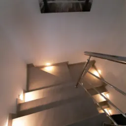 Schody z podświetleniem LED w ścianie i chromowaną balustradą, widok z góry. Na ścianie obraz. Ciepłe światło.