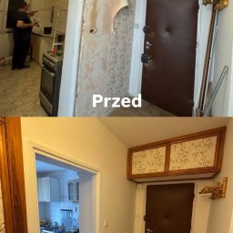 TWIN TRADE OLEKSANDR CHAIKA - Remont korytarza: porównanie stanu przed i po odświeżeniu. Widoczne zmiany w kolorystyce ścian, usunięte stare tapety, odnowione drzwi i szafka nad nimi.