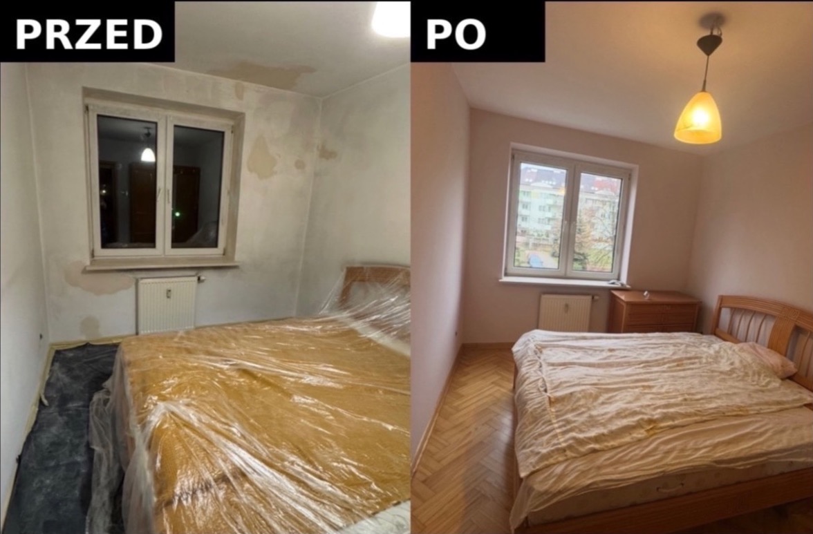 Pokój przed i po odświeżeniu: ściany z zaciekami vs. świeżo pomalowane na różowo, zabezpieczone meble folią. Widok na okno i grzejnik.