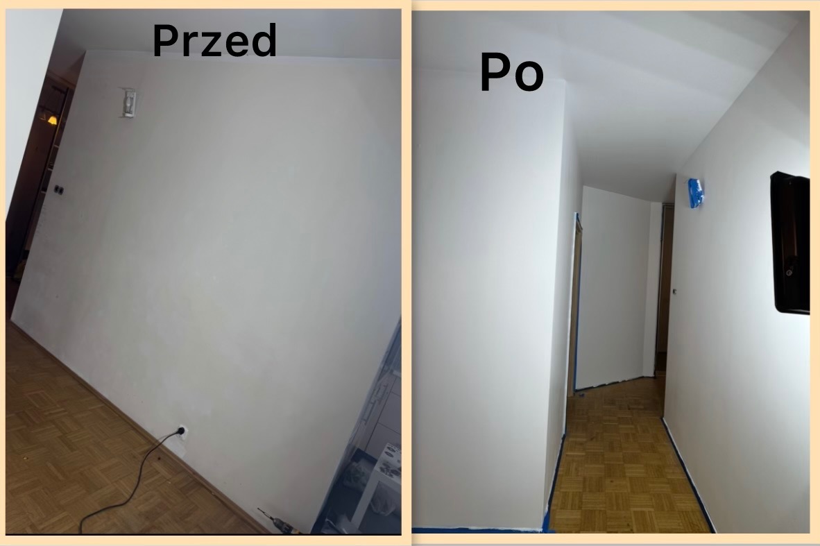 Zdjęcie 'przed i po' prezentujące odnowione, białe ściany w korytarzu z parkietem. Widoczne zabezpieczenia taśmą malarską przy podłodze. Jasne, równomierne oświetlenie.
