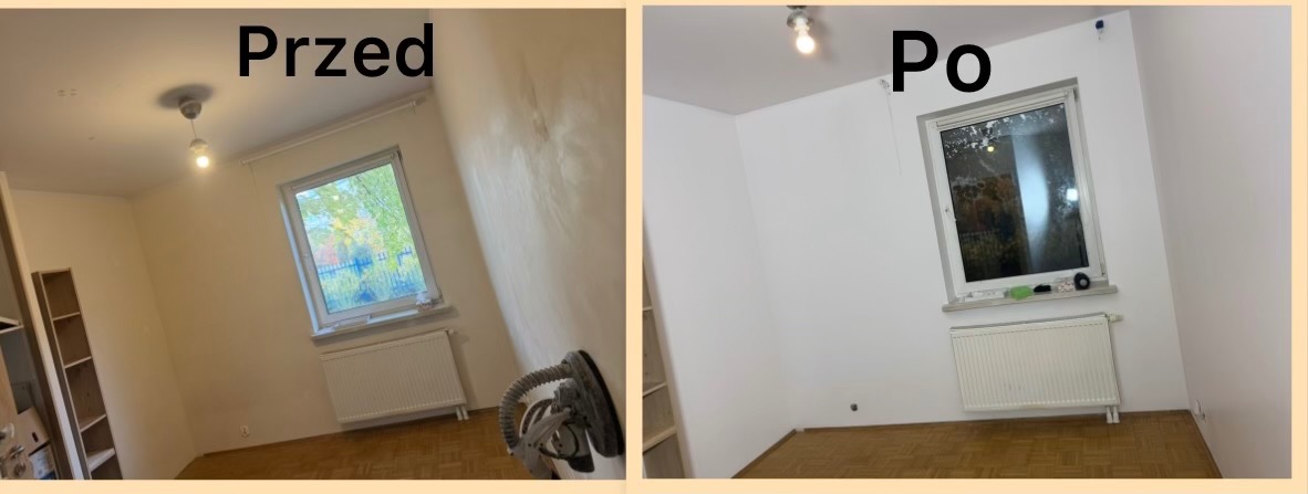 Zdjęcie 'przed i po' malowania pokoju: ściany z zaciekami i brudem vs. świeżo pomalowane na biało, z widocznym grzejnikiem i oknem. Parkiet na podłodze.