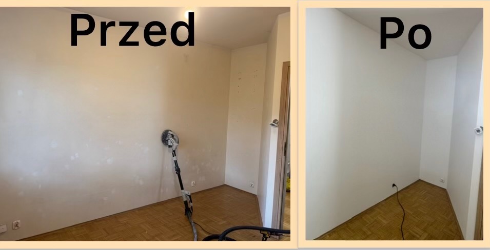 Pokój przed i po remoncie. Po lewej ściana z ubytkami, po prawej gładka, pomalowana na biało. Parkiet w jodełkę. Widoczne gniazdka elektryczne.
