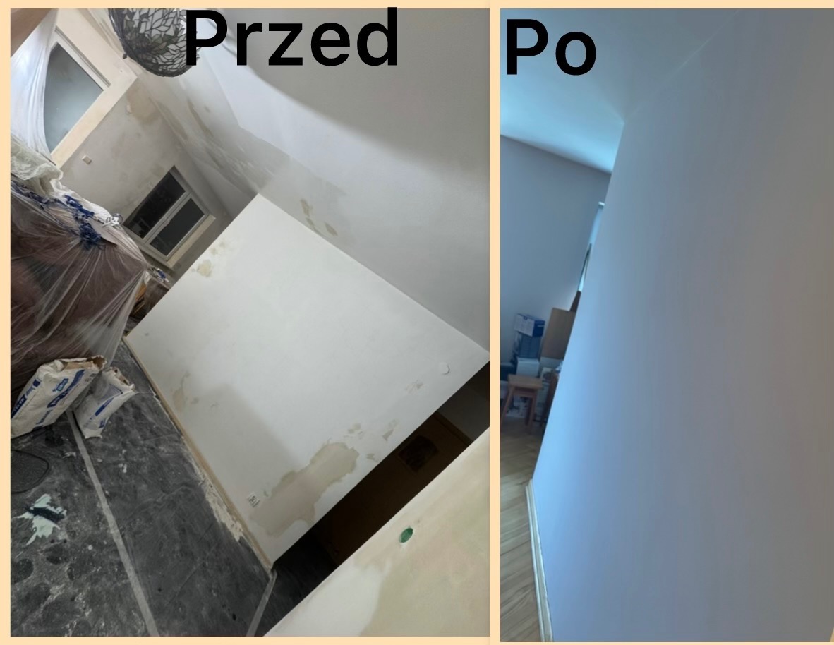 Zdjęcie 'przed i po' prezentujące efekt odświeżonego wnętrza. Po lewej ściana z plamami, po prawej gładka, pomalowana ściana w jasnym odcieniu. Widoczne worki z materiałami.