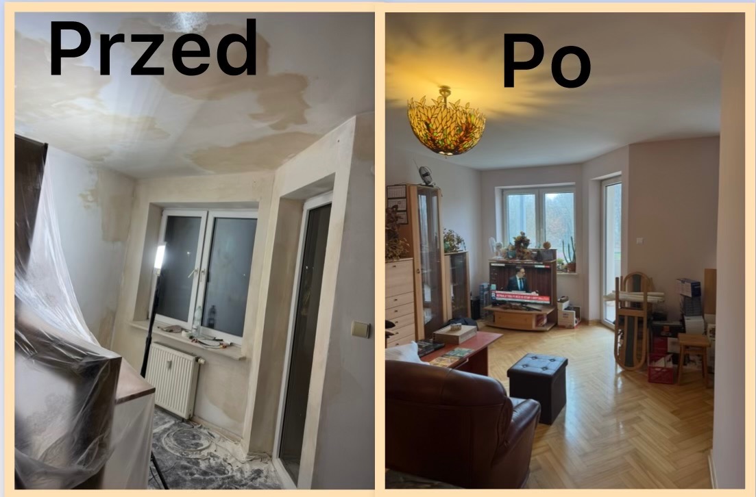 Zdjęcie 'przed i po' przedstawia remont pokoju: zacieki na suficie i przygotowania do malowania vs. odnowione wnętrze z nowym oświetleniem i meblami.